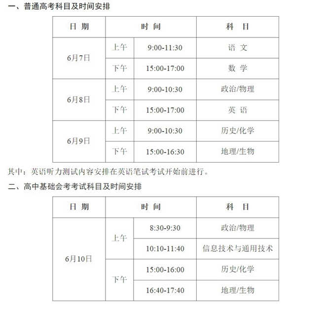 海南省2017年普通高考、高中基础会考考试时