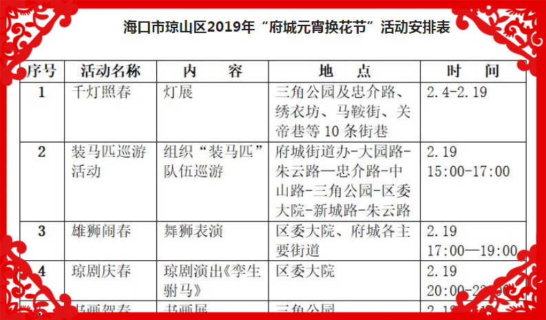 2019年海口瓊山區“府城換花節”活動安排表