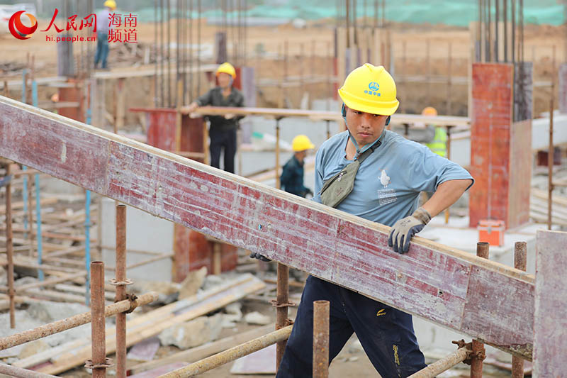 文昌馮家灣現代化漁業產業園建筑工地工人正搬運木材。 人民網 孟凡盛攝