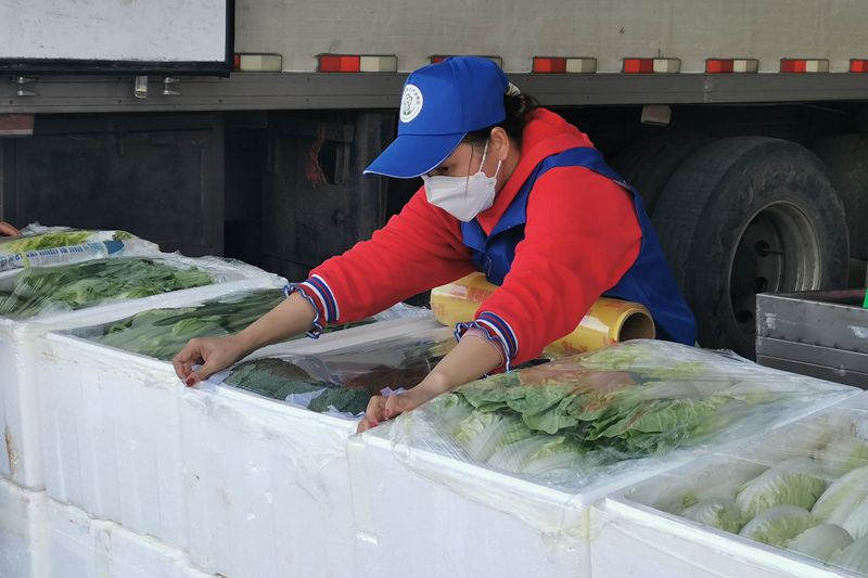 档口工作人员在整理蔬菜。海口市菜篮子集团供图
