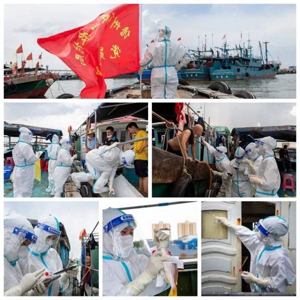 儋州组织医护人员到船上为渔民开展核酸采样工作。