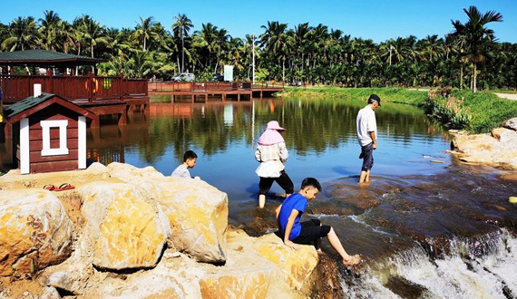 文昌市会文镇凤会村，游客在清澈的河水间嬉戏。