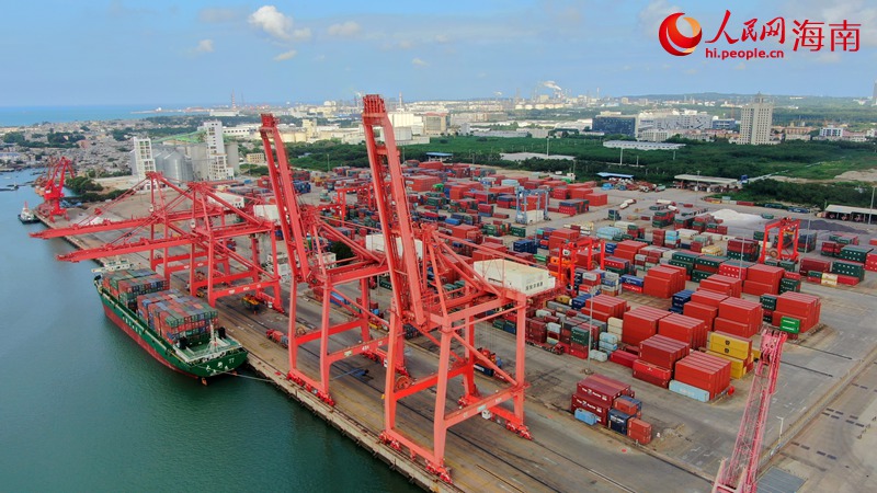在國投洋浦港，貨船正在裝卸貨物。人民網 符武平攝
