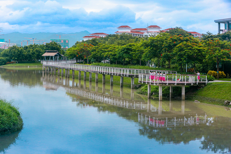 三亚抱坡溪湿地公园集雨洪调蓄、科普教育以及生态休闲于一体，是海绵城市建设示范区。
