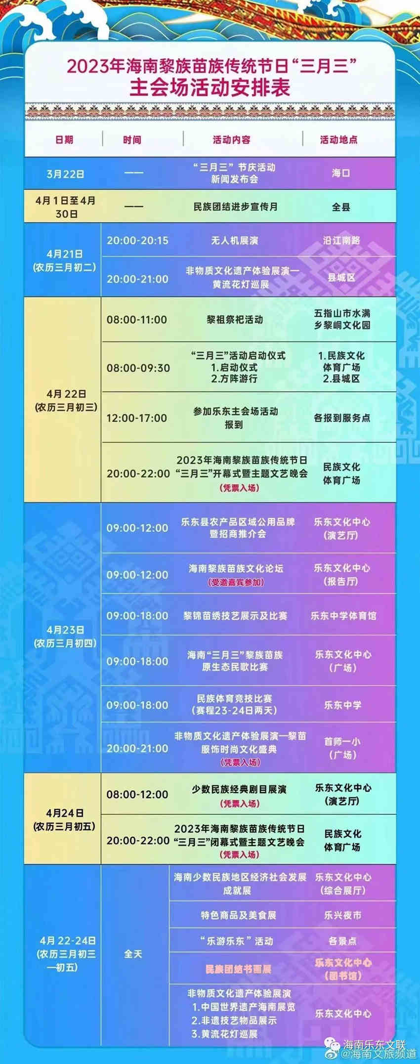 2023海南黎族苗族傳統節日“三月三”主會場活動安排表