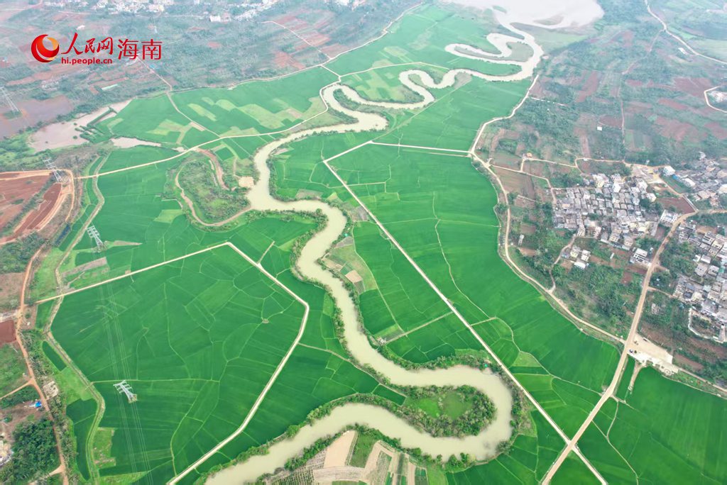 从空中俯瞰，溪流河道宛如一条巨龙沉睡在翠绿的地毯上。人民网 吴占桂摄
