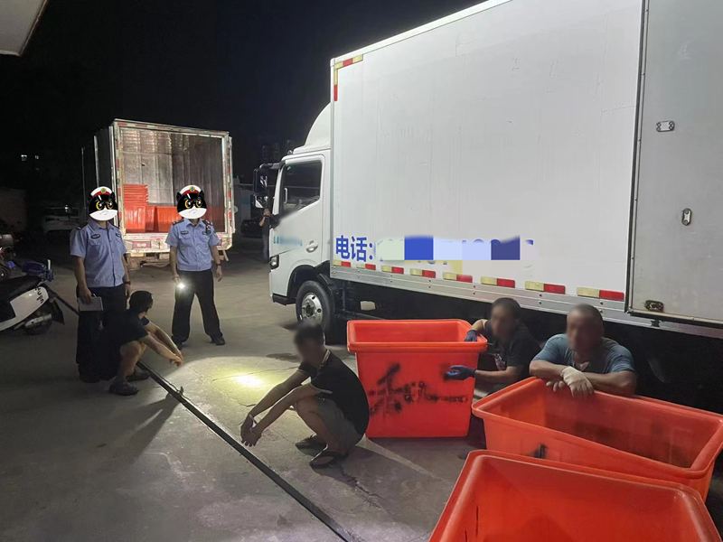 被抓獲的嫌疑人和被查扣的魚獲。李世貴攝