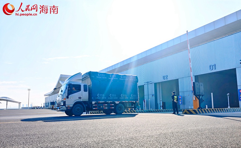 在海口新海港和南港“二线口岸”（货运）集中查验场，货车通过闸口。人民网记者 牛良玉摄
